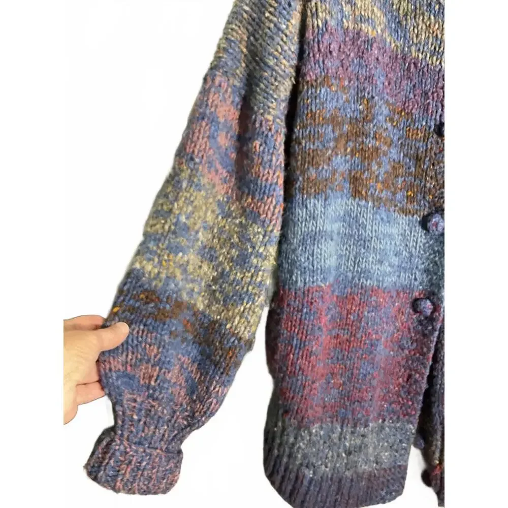70's Cozy Hand-Knit Super Chunky Oversized  Wool  Multi-Colored Sweater Coat OS - Picture 8 of 11